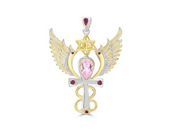 Archangel Chamuel Talisman Pendant, Rose Quartz & Rubies, 925 Sterling Silver and 24 kt Gold Plate - Medium - Crystal Alchemy ®