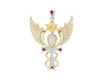 Archangel Ariel Talisman Pendant, Libyan Desert Glass & Rubies, 925 Sterling Silver and 24 kt Gold Plate - Medium - Crystal Alchemy ®