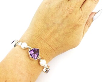 Amethyst and Pearl Bracelet Sterling Silver 925 Purple & White 24.66 Grams