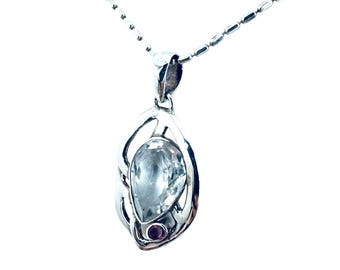 Teardrop Quartz and Pink Tourmaline Pendant Set In Sterling Silver, Clear & Pink 11.2 Grams
