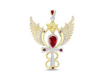 Archangel Sandalphon Talisman Pendant, Garnet & Rubies, 925 Sterling Silver and 24 kt Gold Plate - Small - Crystal Alchemy ®