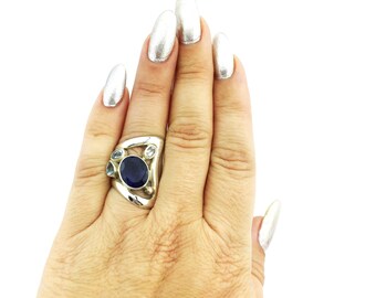 Iolite, Topaz and Quartz Ring 925 Sterling Silver Indigo, Blue & Clear 11.76 Grams Size 5