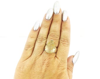 Golden Rutilated Quartz Teardrop Ring 925 Sterling Silver Golden 9.12 Grams Size 7