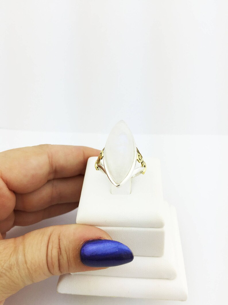 Rainbow Moonstone Marquise Cut Gold Plated Ring 925 Sterling Silver Opalescent 9.98 Grams Size 9