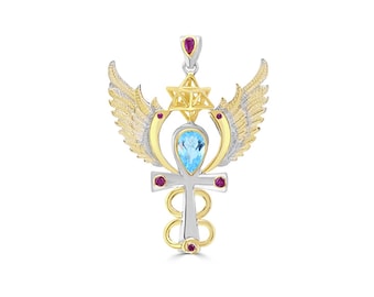 Archangel Michael Talisman Pendant, Topaz & Rubies, 925 Sterling Silver and 24 kt Gold Plate - Small - Crystal Alchemy ®