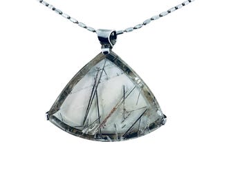 Black Tourmaline In Quartz Pendant set in 925 Sterling Silver, Clear & Black