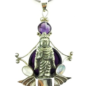 Brass Buddha, Amethyst, Purple Fibre Optic and Moonstone Pendant 925 Sterling Silver Purple, Opalescent & Brown 21.56 Grams
