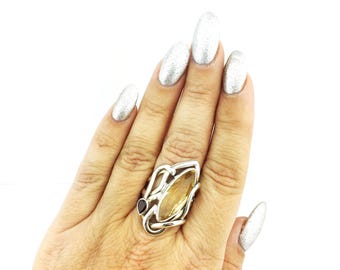 Marquise Cut Citrine and Garnet Ring 925 Sterling Silver Yellow & Red 15.12 Grams Size 8.5
