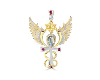 Archangel Raguel Talisman Pendant, Labradorite & Rubies, 925 Sterling Silver and 24 kt Gold Plate - Medium - Crystal Alchemy ®