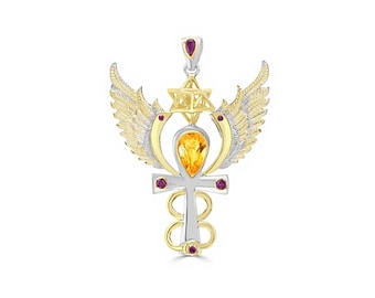Archangel Uriel Talisman Pendant, Citrine & Rubies, 925 Sterling Silver and 24 kt Gold Plate - Small - Crystal Alchemy ®
