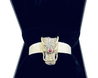 Ruby Dragon Head Bracelet set in 925 Sterling Silver & Gold Plate, Red 50.55 Grams