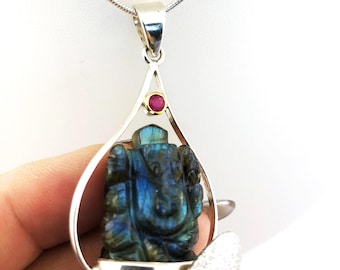Blue Flash Labradorite and Ruby Ganesh, Om Symbol Gold Plated Pendant, Dark Green & Magenta 13.5 Grams