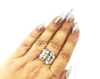 Double Terminated Quartz and Blue Topaz Ring 925 Sterling Silver Clear & Blue Size 8.5 11.15 Grams
