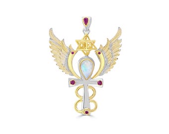 Archangel Gabriel Talisman Pendant, Rainbow Moonstone & Rubies, 925 Sterling Silver and 24 kt Gold Plate - Medium - Crystal Alchemy ®