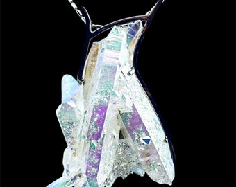 Arkansas Quartz Angel Aura Cluster Pendant 925 Sterling Silver White & Aura Rainbow Colours 90.32 Grams