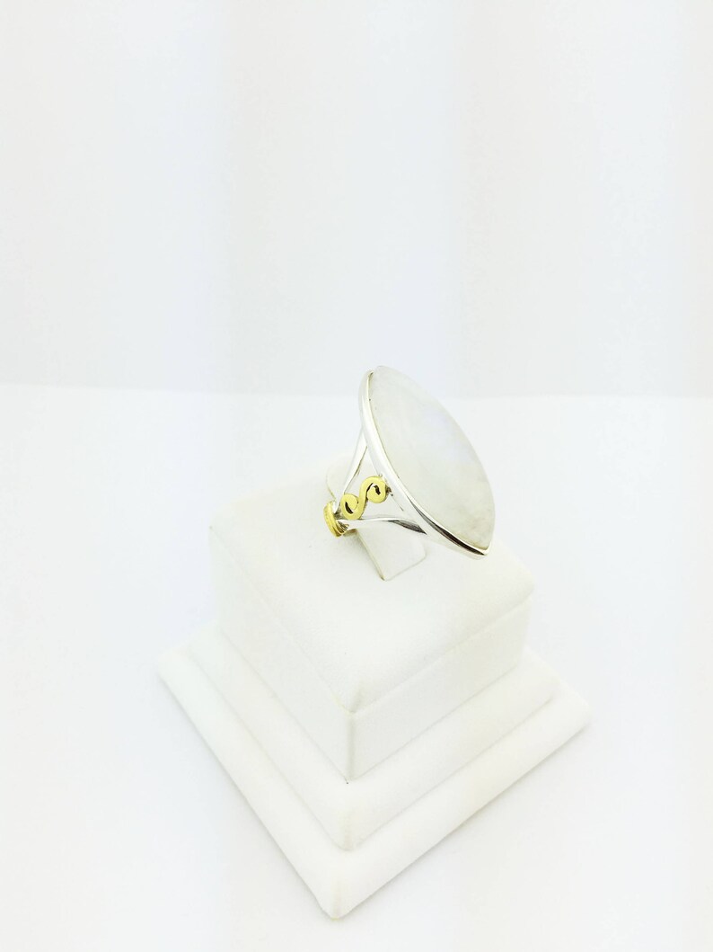 Rainbow Moonstone Marquise Cut Gold Plated Ring 925 Sterling Silver Opalescent 9.98 Grams Size 9