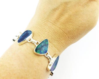 Australian Sparkly Blue & Fire Opal 6 Stone Bracelet Blue 925 Sterling Silver 22.98 Grams
