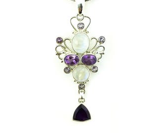 Rainbow Moonstone and Amethyst Pendant 925 Sterling Silver Opalescent & Purple 11.42 Grams