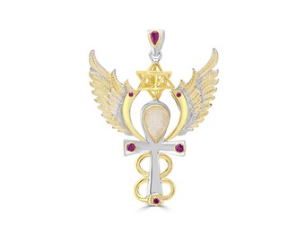 Archangel Ariel Talisman Pendant, Libyan Desert Glass & Rubies, 925 Sterling Silver and 24 kt Gold Plate - Small - Crystal Alchemy ®