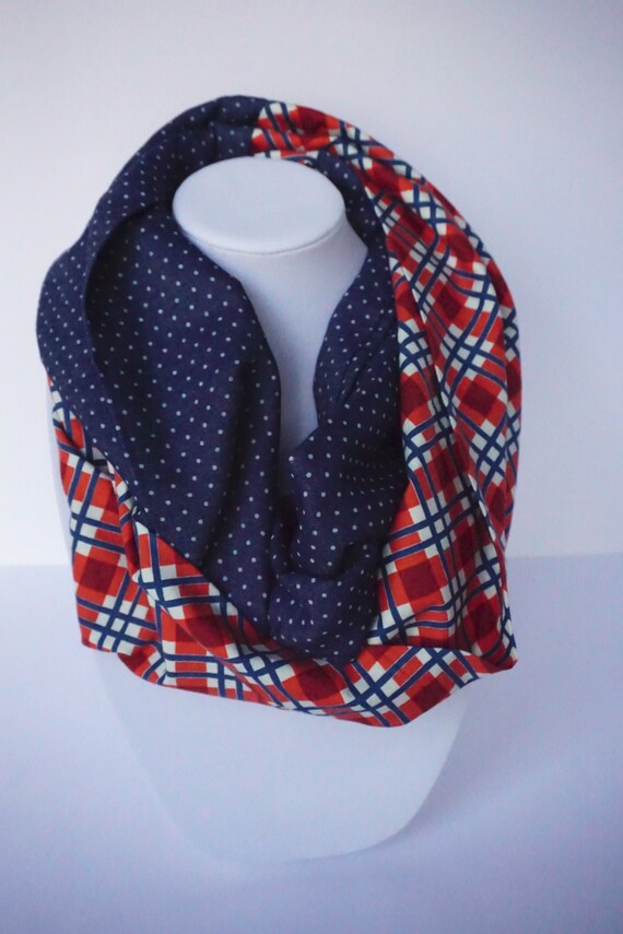 Items similar to Blue polka dot and orange plaid infinity scarf on Etsy