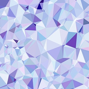 May include: Abstract geometric design featuring a mosaic of triangular and polygonal shapes in shades of purple, lavender, and light blue. The pattern creates a multifaceted, crystalline appearance, with varying light and dark tones.