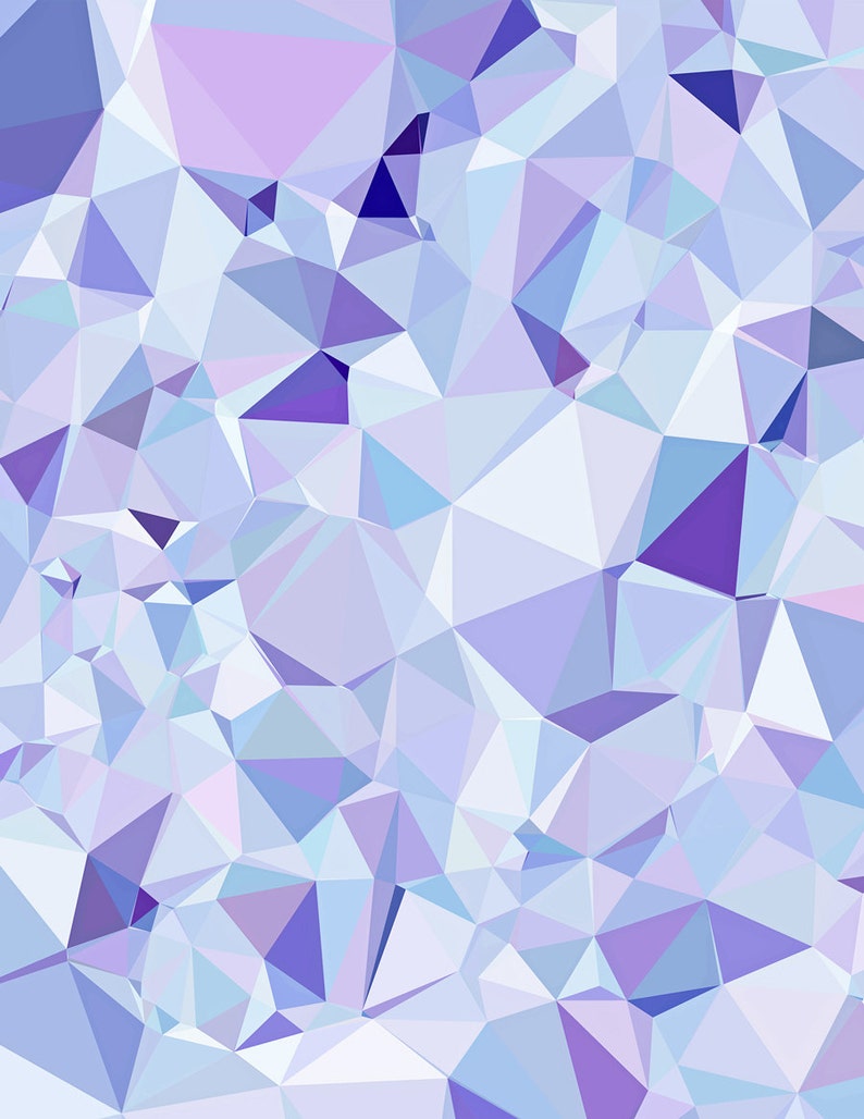 May include: Abstract geometric design featuring a mosaic of triangular and polygonal shapes in shades of purple, lavender, and light blue. The pattern creates a multifaceted, crystalline appearance, with varying light and dark tones.