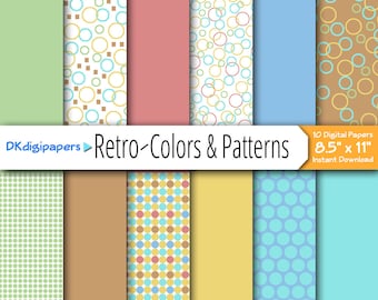 Retro Colors with Matching Patterns - Gold, Red, Blue, Aqua and Green - Original Designs - 12 Digital Papers - 8.5" x 11"