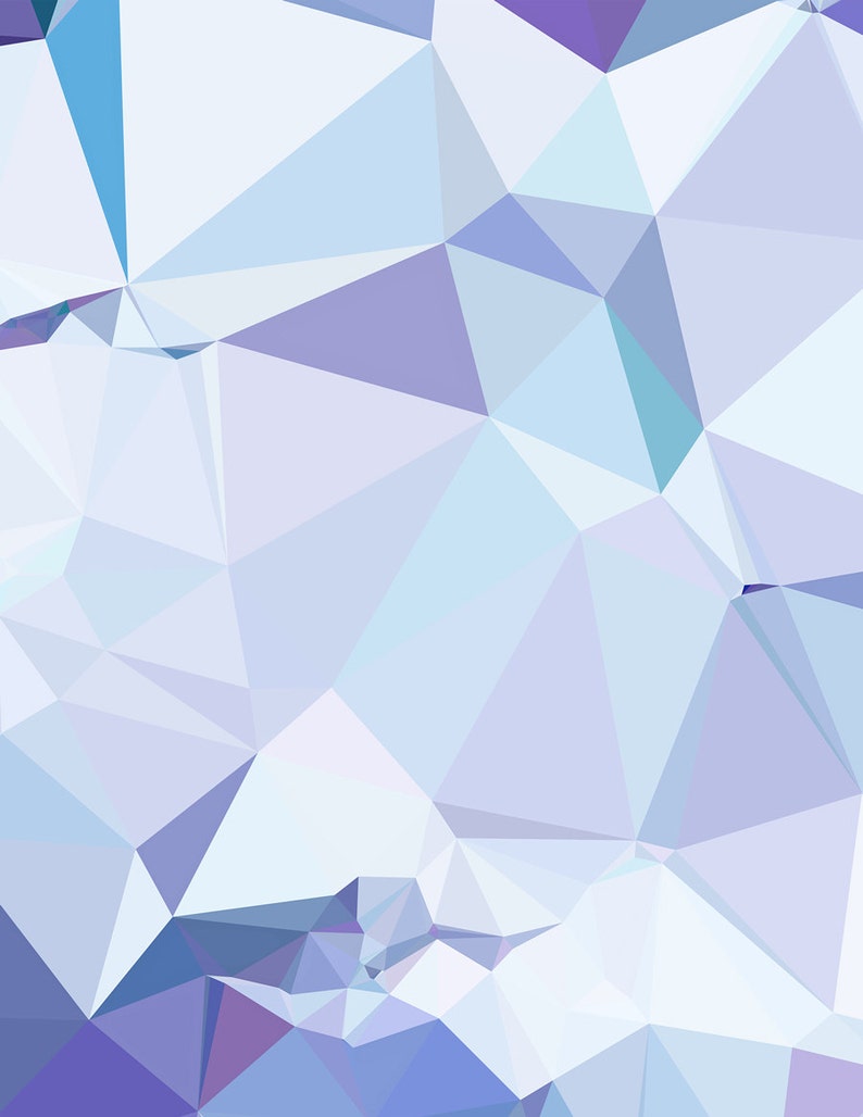 May include: Abstract geometric design featuring a mosaic of triangular and polygonal shapes in shades of blue, purple, and white. The artwork has a low-poly style, creating a modern and digital aesthetic. The color palette is cool and calming.