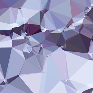 May include: Abstract geometric artwork featuring a mosaic of interconnected triangular shapes in shades of purple, lavender, and gray. The design creates a textured, three-dimensional effect, with varying light and shadow.