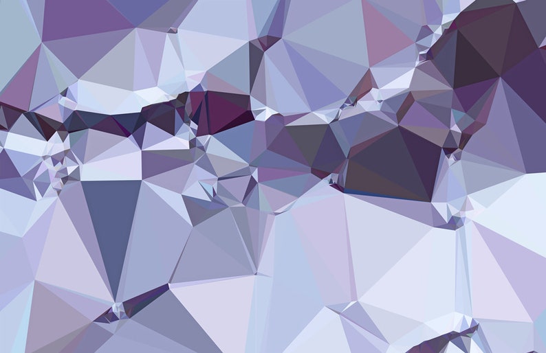 May include: Abstract geometric artwork featuring a mosaic of interconnected triangular shapes in shades of purple, lavender, and gray. The design creates a textured, three-dimensional effect, with varying light and shadow.