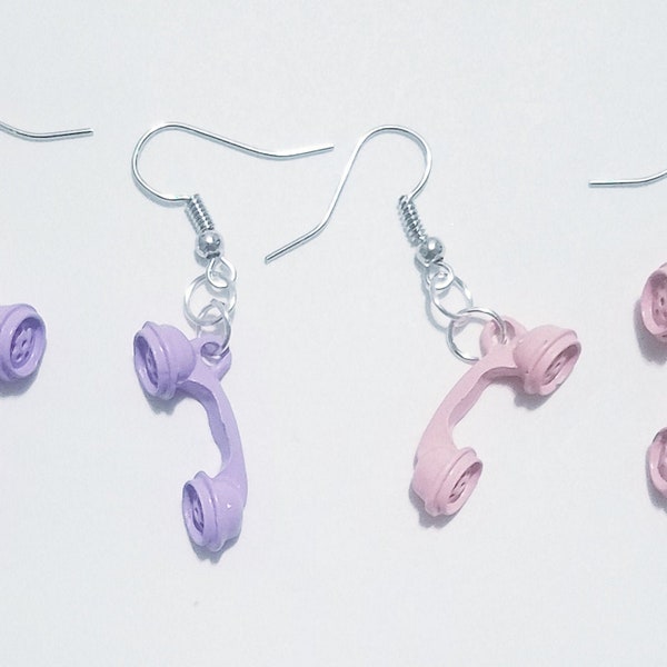 Pastel Pink Purple Retro Vintage Telephone Receiver Handset Earrings Hypoallergenic