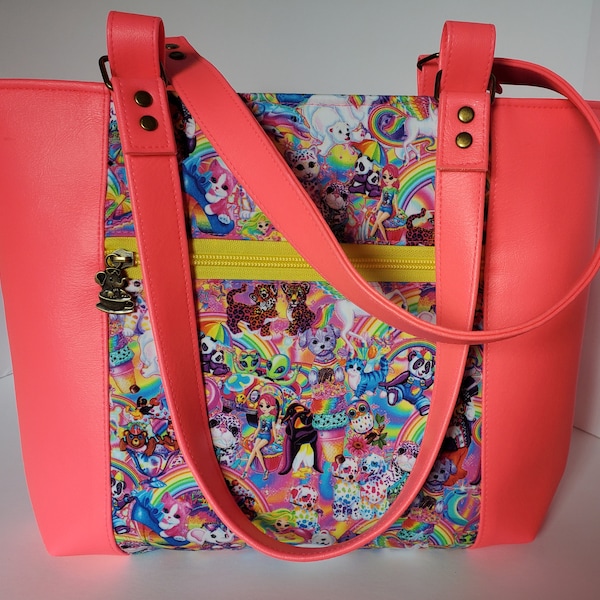 1990s Rainbow Neon Pink Animals Large Lined Tote Purse