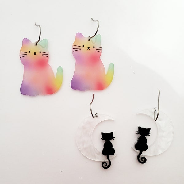 Halloween Rainbow Moon Cat Earrings Hypoallergenic