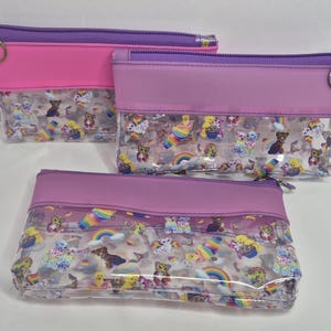 90s Rainbow Animals Pink Clear Vinyl Cosmetic Toiletry Pencil Pouch School Zipper Bag