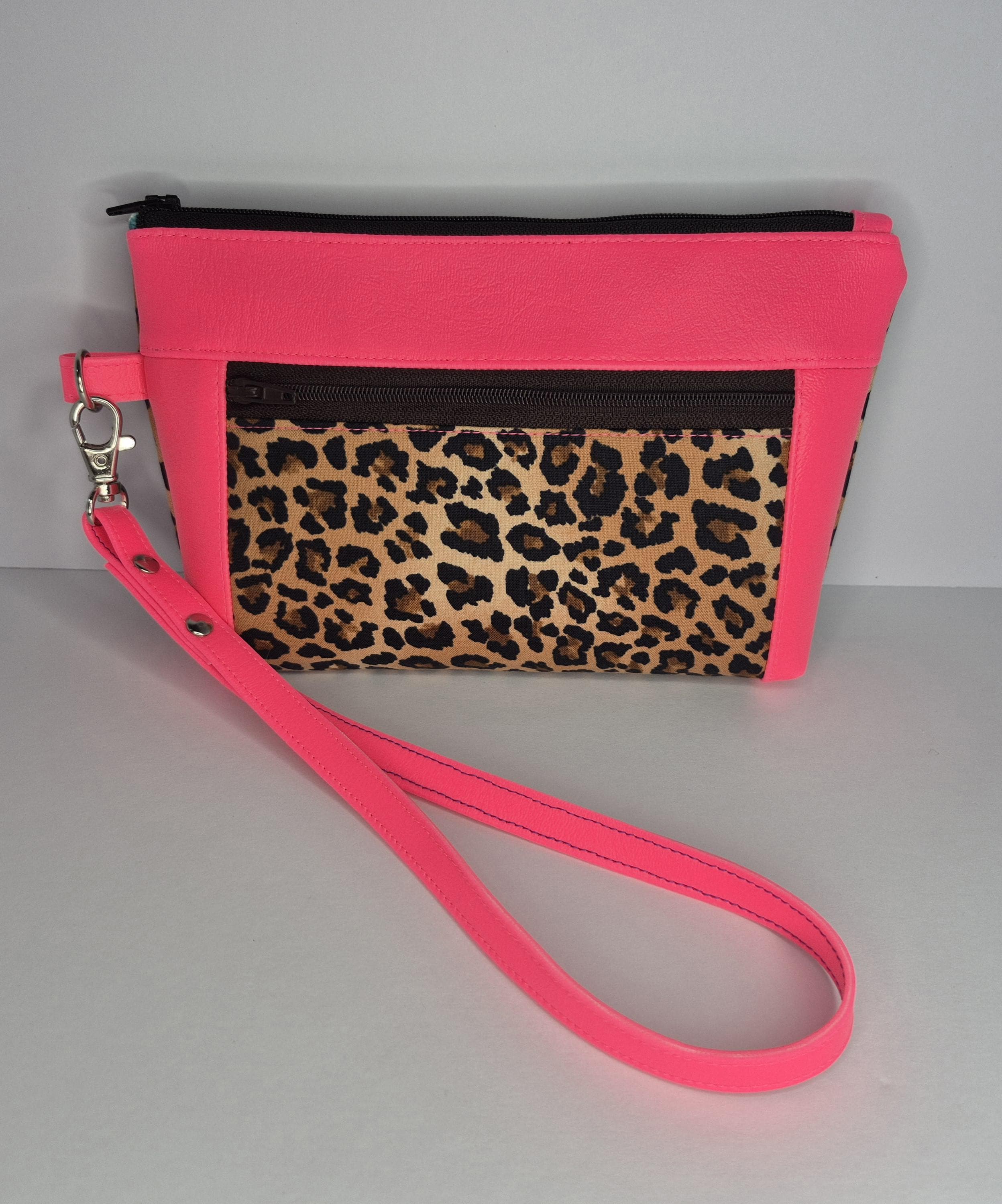 Neon Pink Leopard Animal Leopard Print Lined Zipper Wristlet Pouch