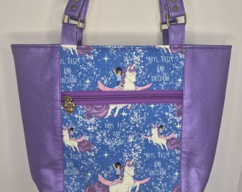TV Burger Restaurant Family Daughter Blue Purple Large Lined Tote Purse