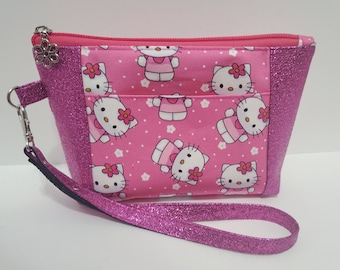 Pink Cat Flower Lined Zipper Wristlet Pouch