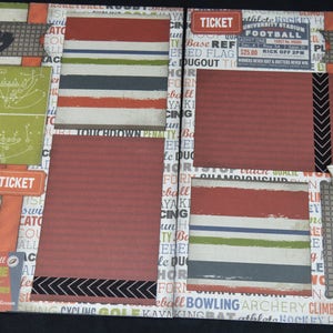 May include: A scrapbook layout with a brown, black, and green color scheme. The layout features a variety of patterned papers, including a football field pattern, a striped pattern, and a chevron pattern. The layout also includes a variety of embellishments, such as a ticket stub, a football, and a star. The text "TICKET" appears on the layout.