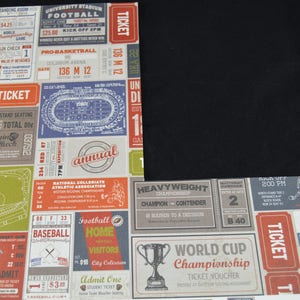 May include: A collage of vintage ticket designs featuring various sports and events, including football, basketball, baseball, and a heavyweight championship. The tickets are printed on a textured paper with a brown, red, and green color scheme. The text on the tickets includes "University Stadium", "Football", "Kick Off 2PM", "Pro-Basketball", "Coliseum Arena", "Baseball", "Home Visitors", "City Coliseum", "Heavyweight Championship", "Champion vs Contender", "World Cup Championship", "Ticket Voucher", and "Tier C".