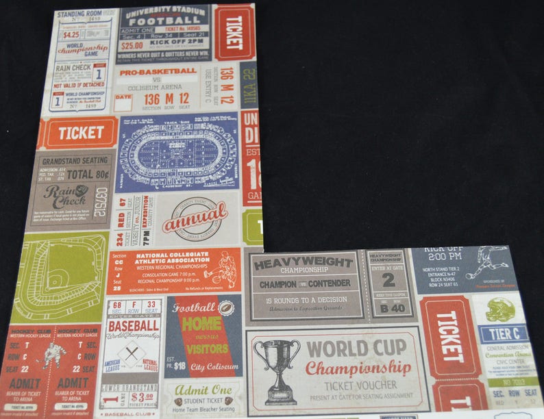 May include: A collage of vintage ticket designs featuring various sports and events, including football, basketball, baseball, and a heavyweight championship. The tickets are printed on a textured paper with a brown, red, and green color scheme. The text on the tickets includes "University Stadium", "Football", "Kick Off 2PM", "Pro-Basketball", "Coliseum Arena", "Baseball", "Home Visitors", "City Coliseum", "Heavyweight Championship", "Champion vs Contender", "World Cup Championship", "Ticket Voucher", and "Tier C".