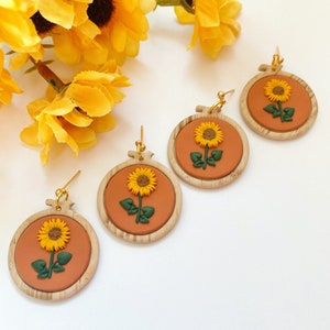 Sunflower earrings, embroidery hoop, embroidery jewelry, clay earrings, sunflower jewelry, earrings, jewelry, polymer clay earrings