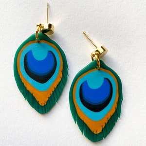 Peacock feathers, peacock earrings, peacock jewelry, polymer clay earrings, polymer clay jewelry, feathers, image 3