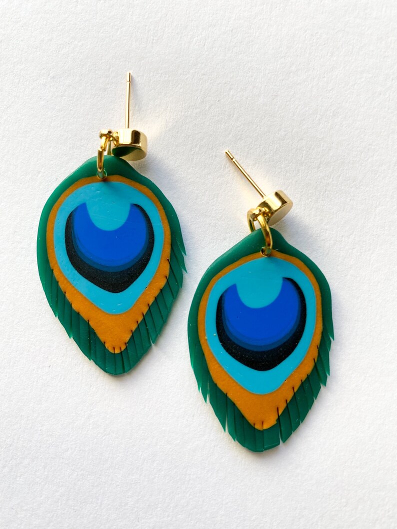 Peacock feathers, peacock earrings, peacock jewelry, polymer clay earrings, polymer clay jewelry, feathers, image 3