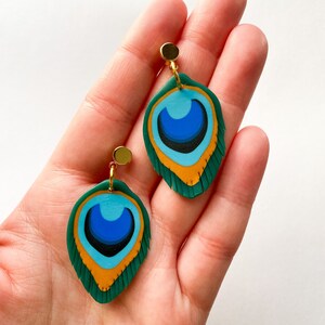 Peacock feathers, peacock earrings, peacock jewelry, polymer clay earrings, polymer clay jewelry, feathers, image 4