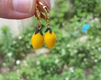 Lemon earrings , gold hoops, citrus earrings, fruit jewelry, charms,  earrings, lemon jewelry,