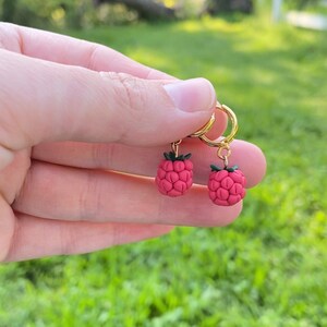 Raspberry earrings , gold hoops, berry earrings, fruit jewelry, charms, earrings, raspberry jewelry, image 2