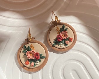 Embroidery hoop earrings, flower earrings, flower jewelry, clay earrings, jewelry, earrings, handmade earrings,