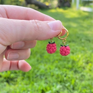 Raspberry earrings , gold hoops, berry earrings, fruit jewelry, charms, earrings, raspberry jewelry, image 1