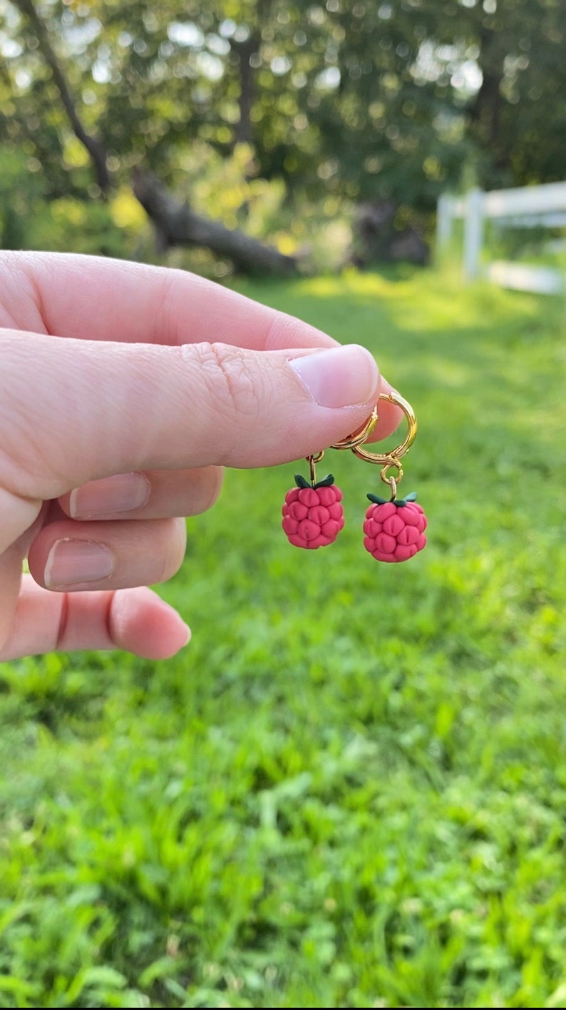 Raspberry earrings , gold hoops, berry earrings, fruit jewelry, charms, earrings, raspberry jewelry, image 1