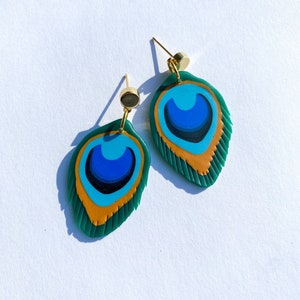 Peacock feathers, peacock earrings, peacock jewelry, polymer clay earrings, polymer clay jewelry, feathers, image 1